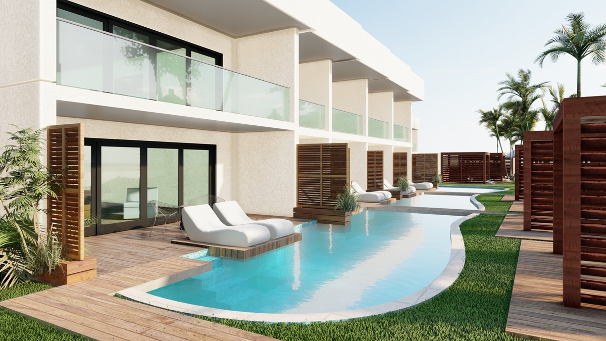 A rendering of new oceanfront junior suites patio with private pool and cabana
