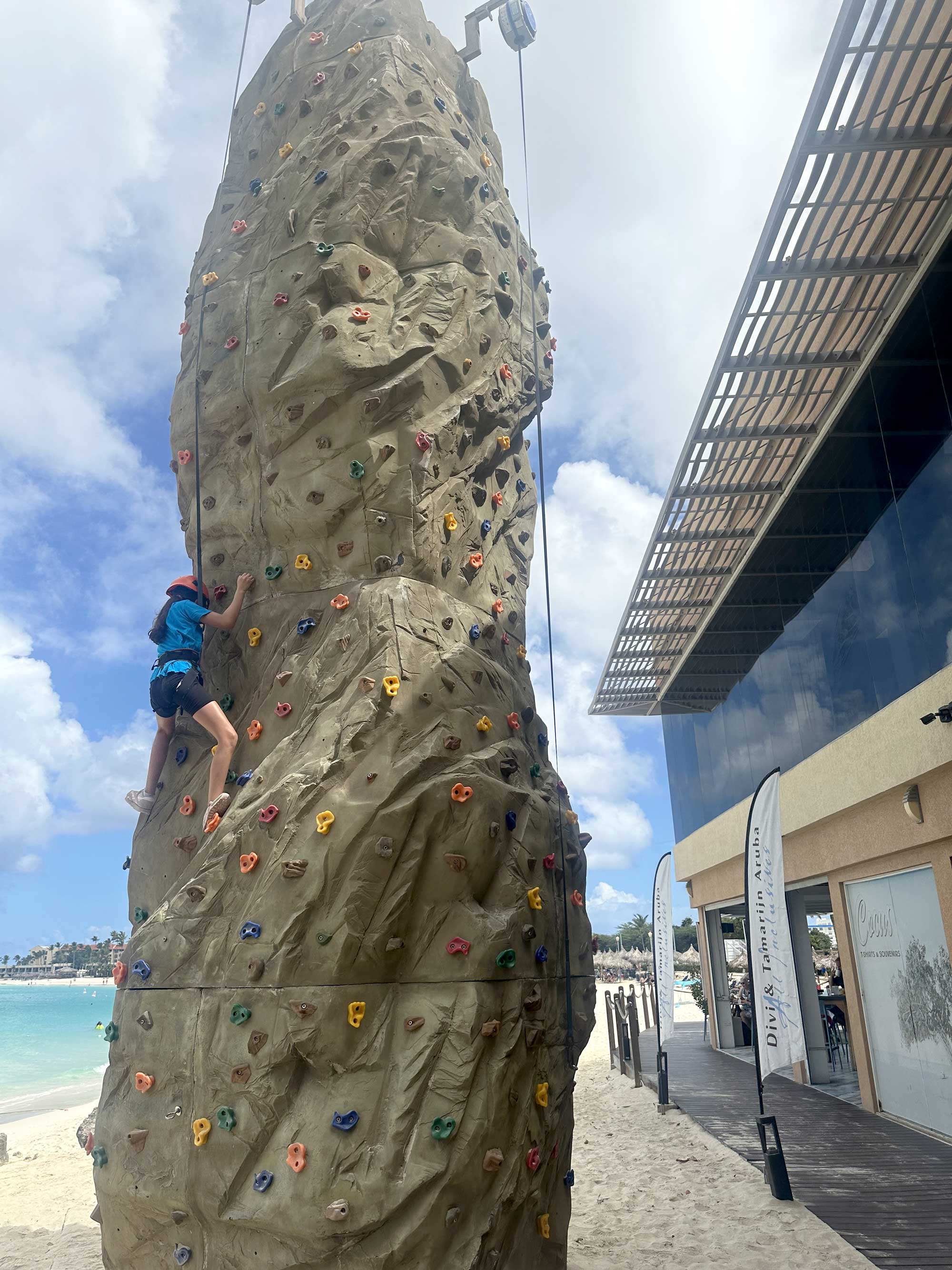 a rock climbing wall near the ocean