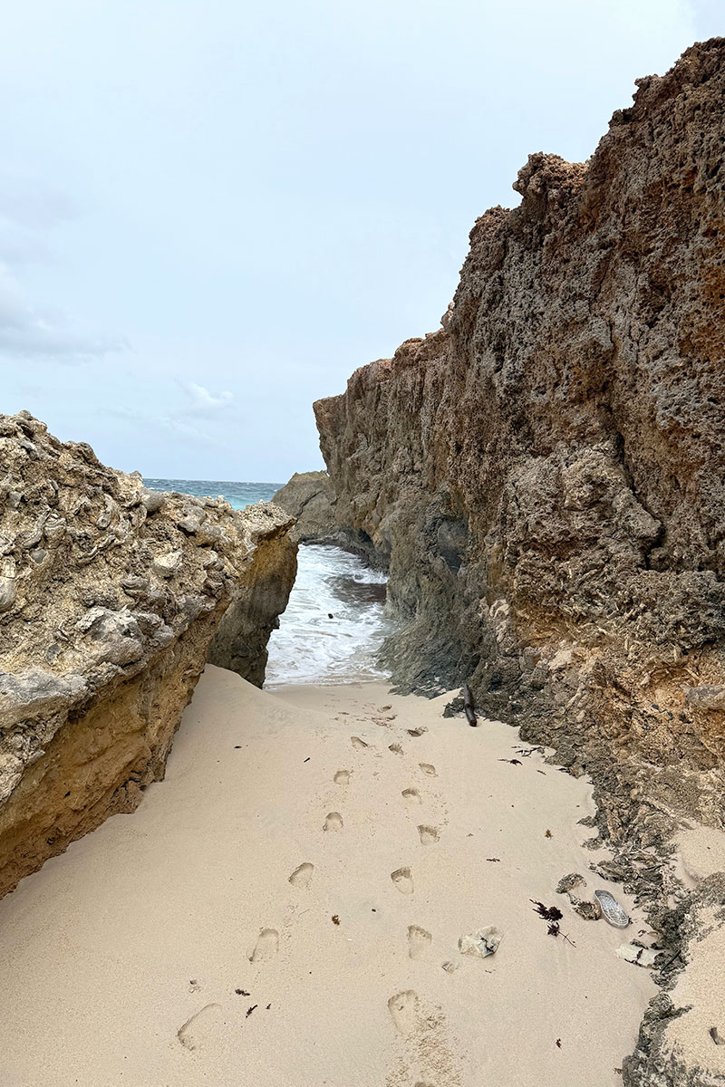 a sandy beach with rocks and water