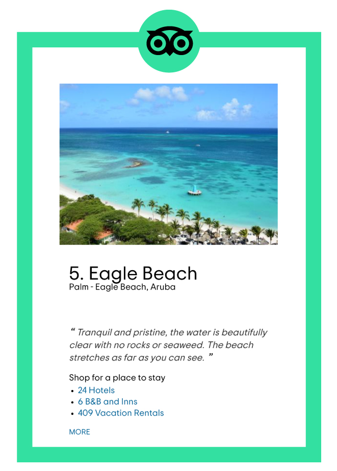 Tripadvisor Ranks Eagle Beach as number 5 best in the world.