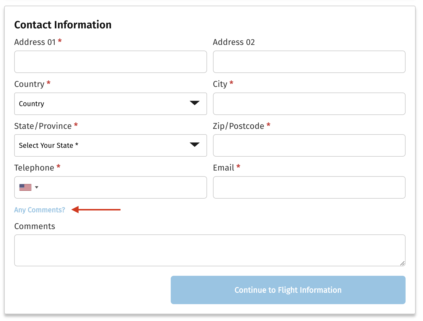 Room request section of booking a reservation