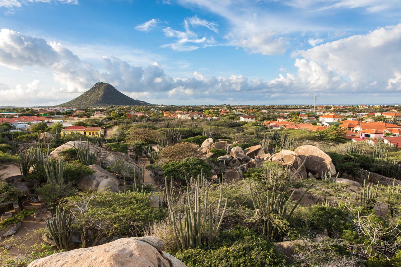 A view of Paradera and Hooiberg Mountain and the surrounding desert landscape